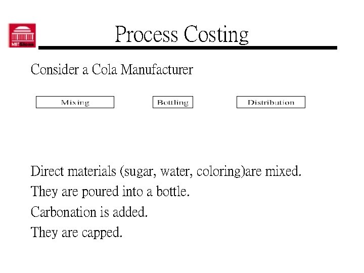 Process Costing Consider a Cola Manufacturer Direct materials (sugar, water, coloring)are mixed. They are