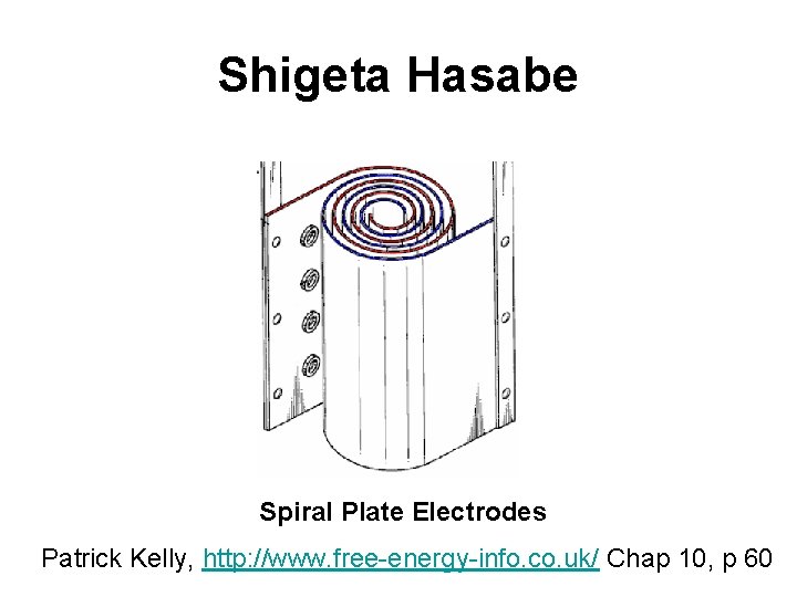 Shigeta Hasabe Spiral Plate Electrodes Patrick Kelly, http: //www. free-energy-info. co. uk/ Chap 10,
