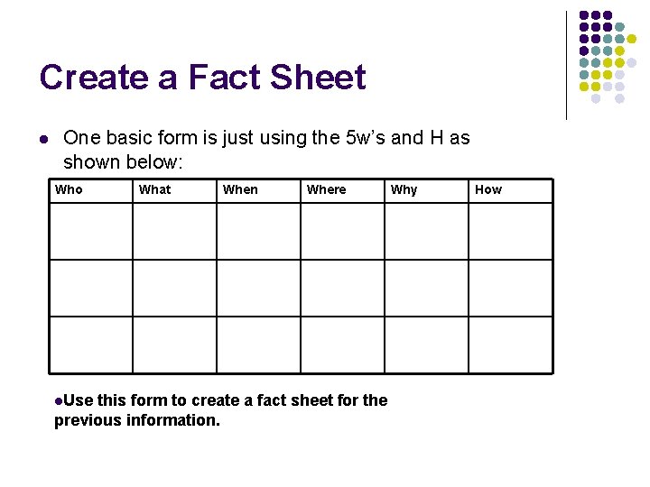 Create a Fact Sheet l One basic form is just using the 5 w’s Create a Fact Sheet l One basic form is just using the 5 w’s