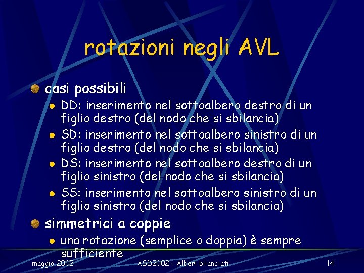 rotazioni negli AVL casi possibili l l DD: inserimento nel sottoalbero destro di un