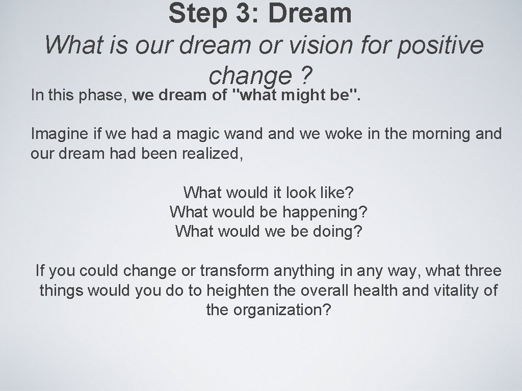Step 3: Dream What is our dream or vision for positive change ? In