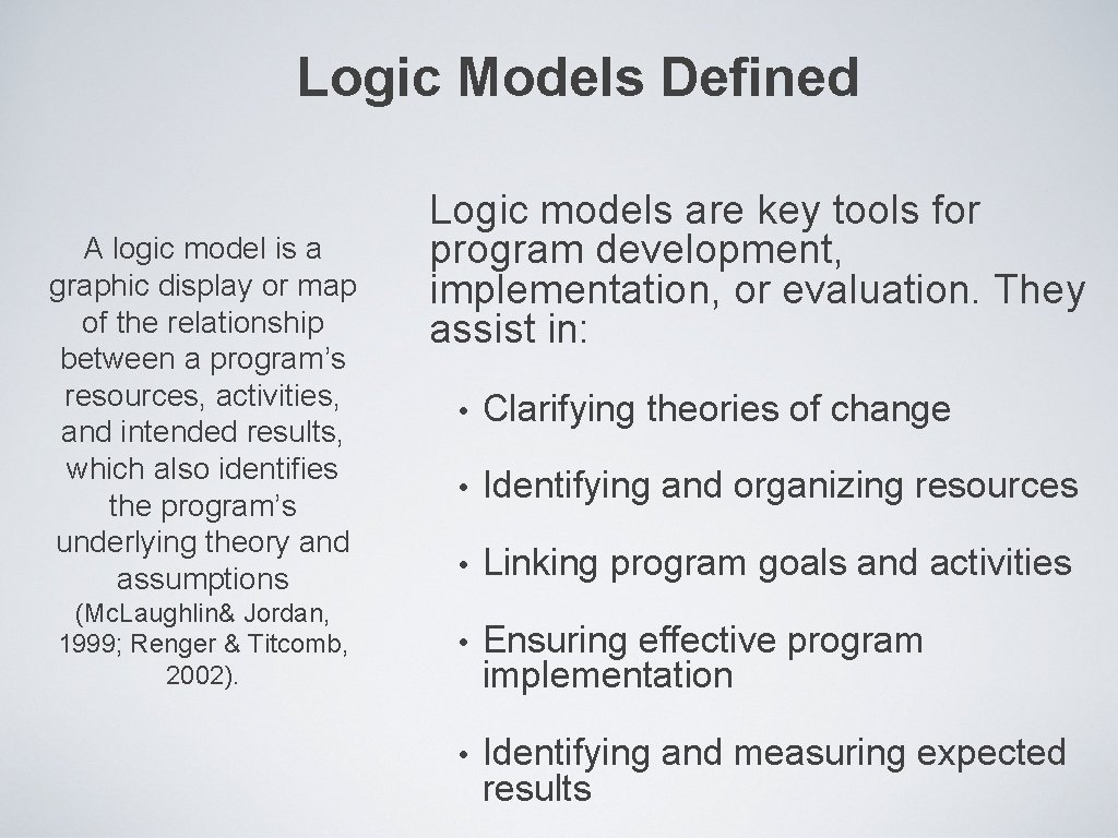 Logic Models Defined A logic model is a graphic display or map of the