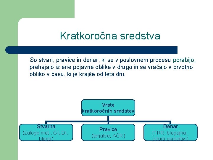 Kratkoročna sredstva So stvari, pravice in denar, ki se v poslovnem procesu porabijo, prehajajo