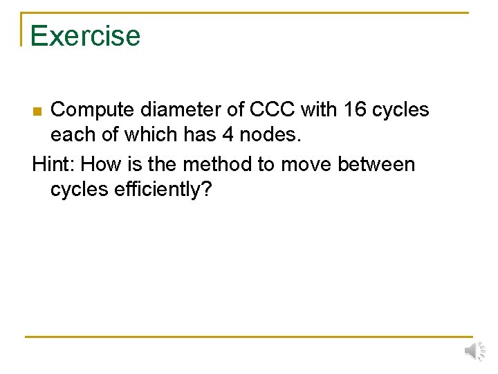 Exercise Compute diameter of CCC with 16 cycles each of which has 4 nodes.