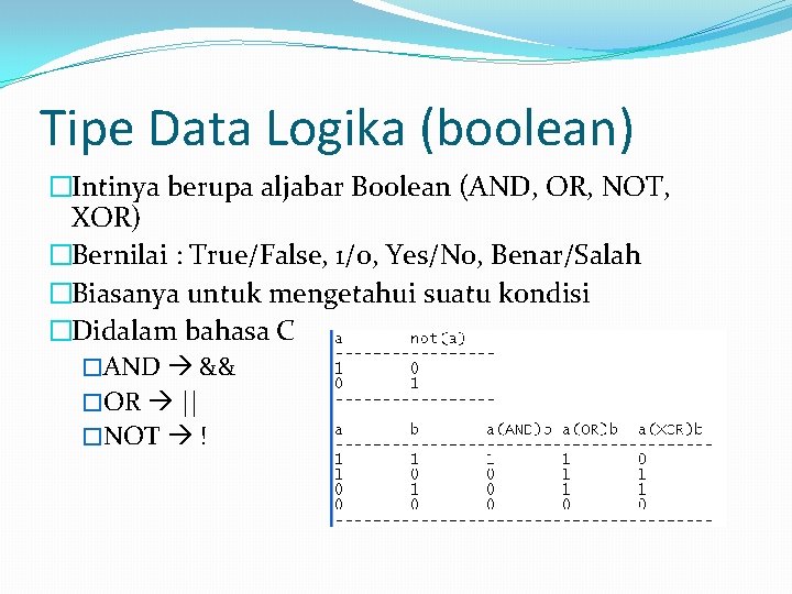 Tipe Data Logika (boolean) �Intinya berupa aljabar Boolean (AND, OR, NOT, XOR) �Bernilai :
