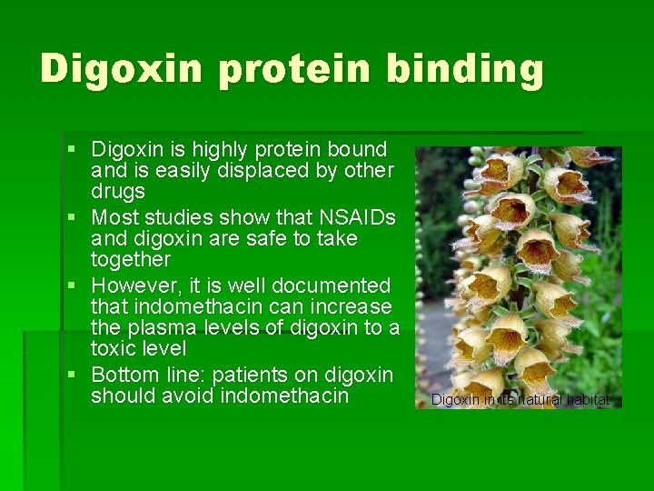 Digoxin protein binding § Digoxin is highly protein bound and is easily displaced by