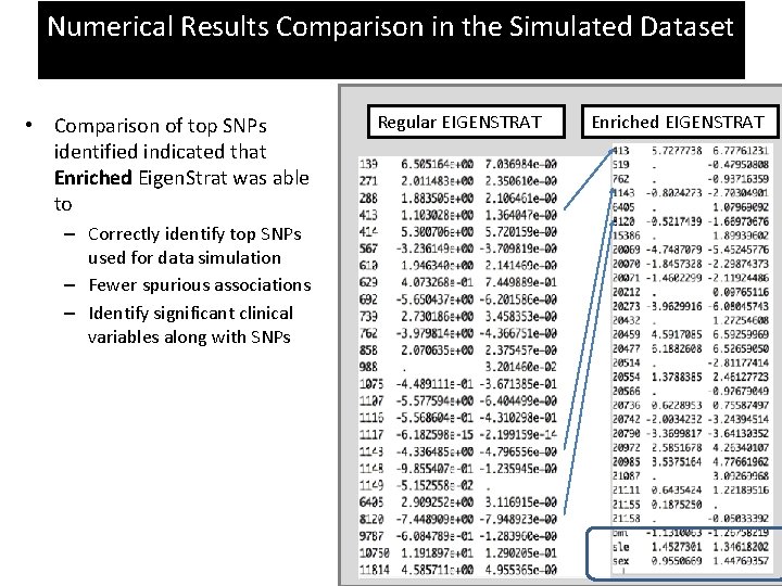 Numerical Results Comparison in the Simulated Dataset • Comparison of top SNPs identified indicated