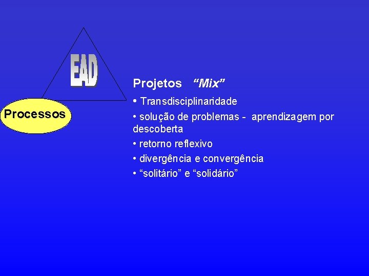 Processos Projetos “Mix” • Transdisciplinaridade • solução de problemas - aprendizagem por descoberta •