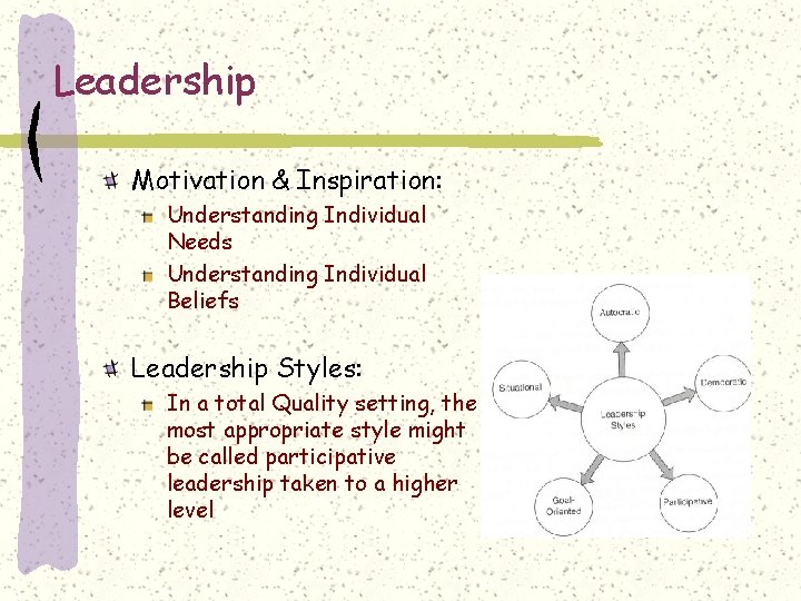 Leadership Motivation & Inspiration: Understanding Individual Needs Understanding Individual Beliefs Leadership Styles: In a