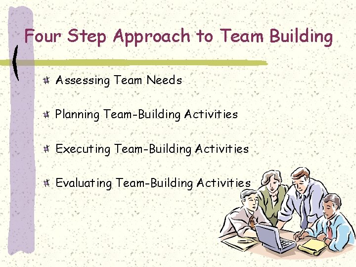 Four Step Approach to Team Building Assessing Team Needs Planning Team-Building Activities Executing Team-Building