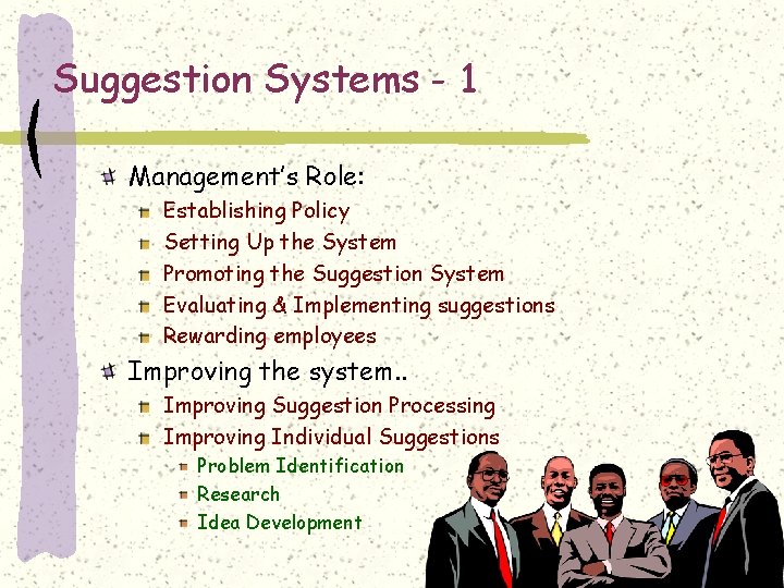 Suggestion Systems - 1 Management’s Role: Establishing Policy Setting Up the System Promoting the