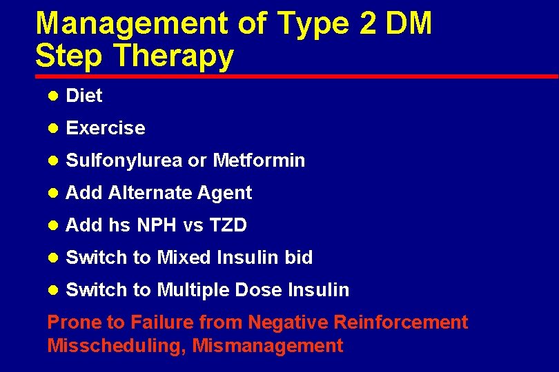 Management of Type 2 DM Step Therapy l Diet l Exercise l Sulfonylurea or