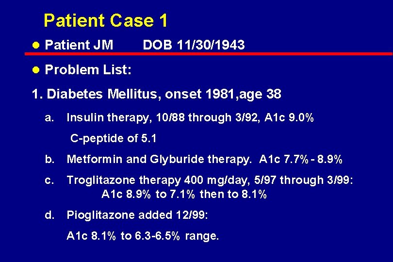 Patient Case 1 l Patient JM DOB 11/30/1943 l Problem List: 1. Diabetes Mellitus,