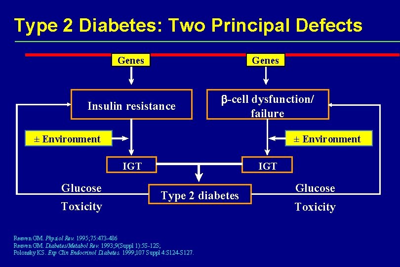 Type 2 Diabetes: Two Principal Defects Genes Insulin resistance b-cell dysfunction/ failure ± Environment