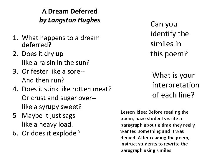A Dream Deferred by Langston Hughes 1. What happens to a dream deferred? 2.