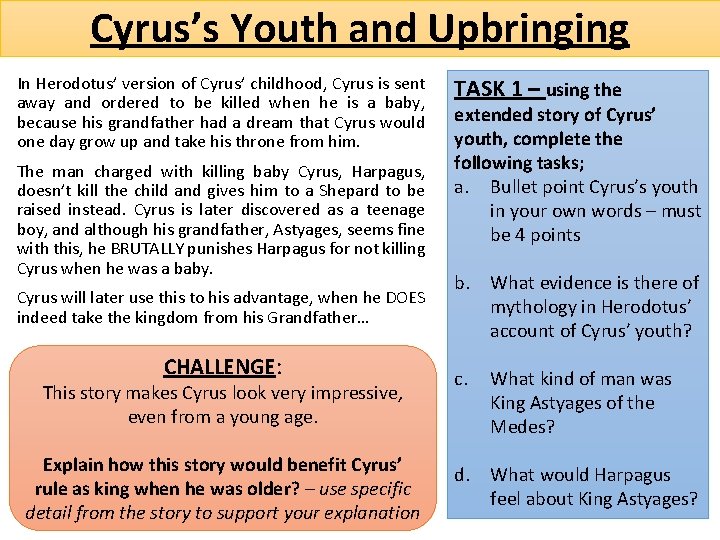 Cyrus’s Youth and Upbringing In Herodotus’ version of Cyrus’ childhood, Cyrus is sent away