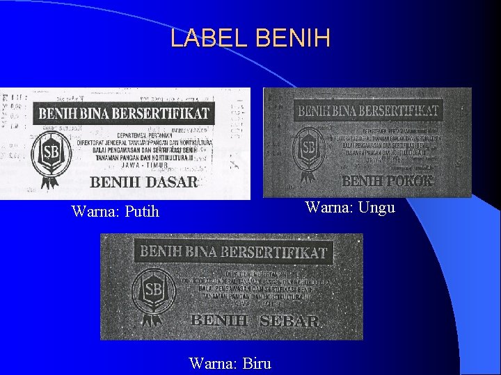 LABEL BENIH Warna: Ungu Warna: Putih Warna: Biru 