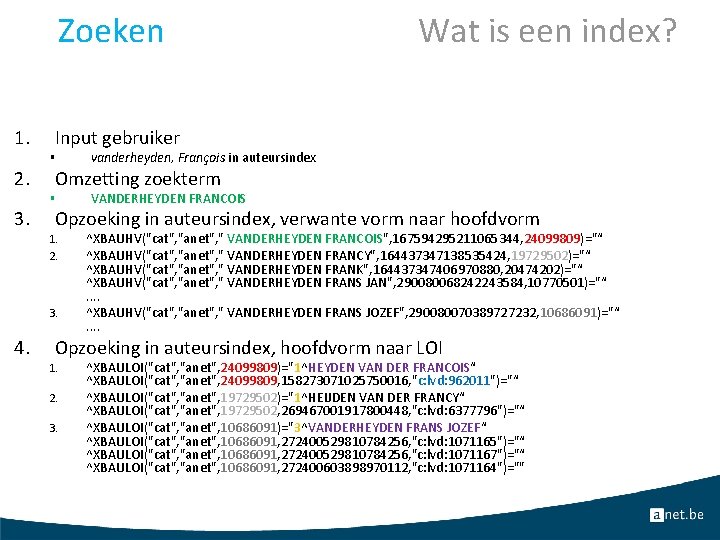 Zoeken 1. Input gebruiker § 2. VANDERHEYDEN FRANCOIS Opzoeking in auteursindex, verwante vorm naar