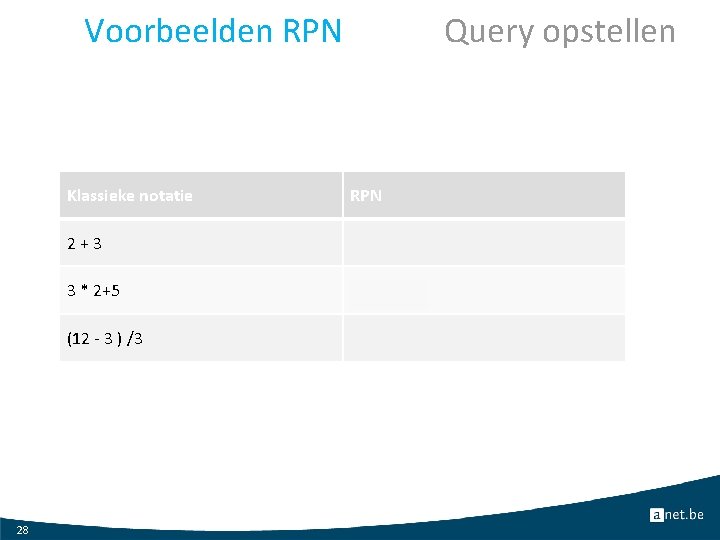 Voorbeelden RPN 28 Query opstellen Klassieke notatie RPN 2 + 3 2 3 +