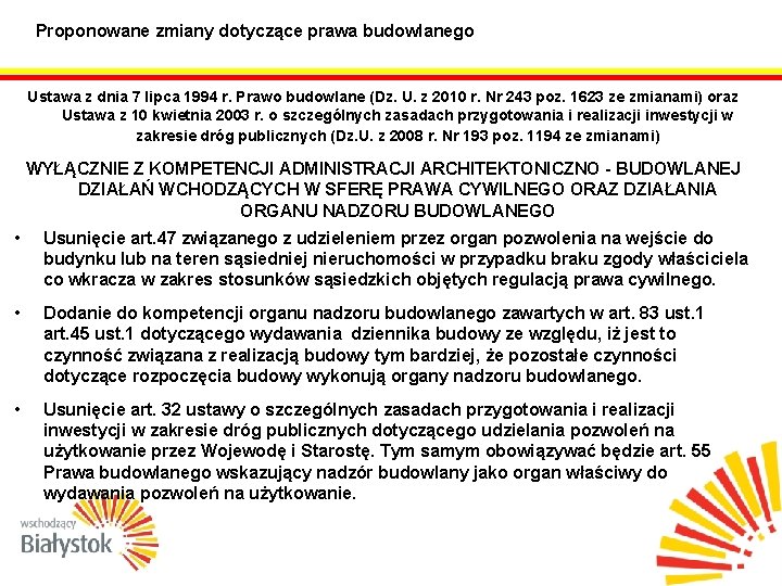 Proponowane zmiany dotyczące prawa budowlanego Ustawa z dnia 7 lipca 1994 r. Prawo budowlane