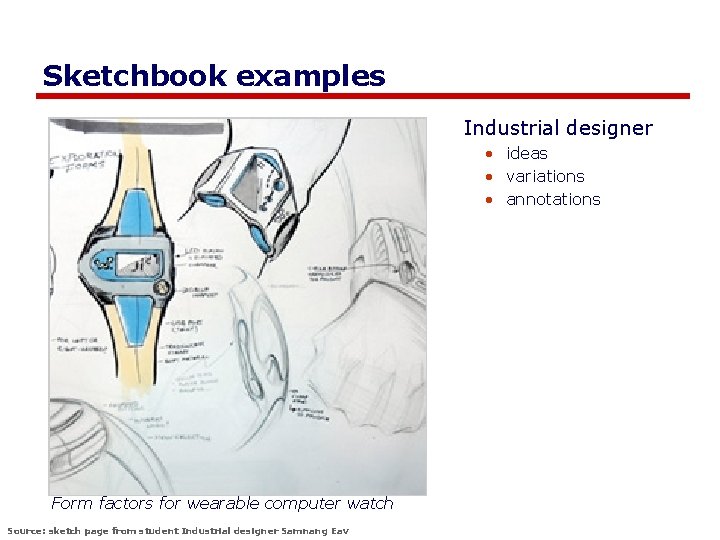Sketchbook examples Industrial designer • ideas • variations • annotations Form factors for wearable