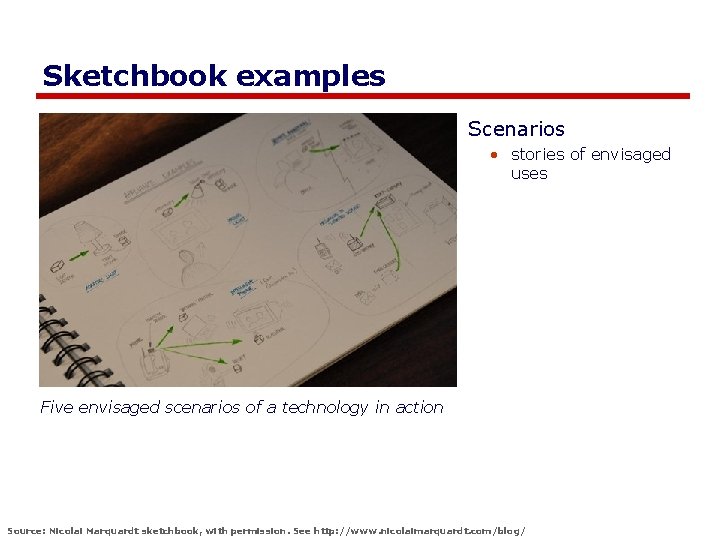 Sketchbook examples Scenarios • stories of envisaged uses Five envisaged scenarios of a technology