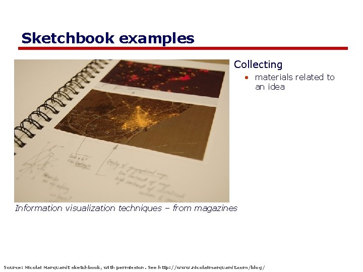 Sketchbook examples Collecting • materials related to an idea Information visualization techniques – from