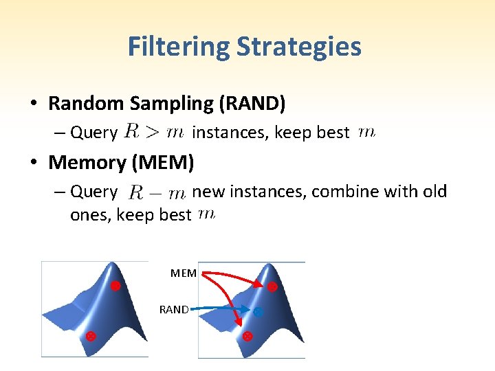 Filtering Strategies • Random Sampling (RAND) – Query instances, keep best • Memory (MEM)