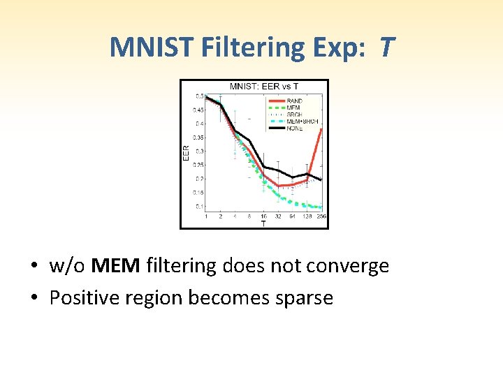 MNIST Filtering Exp: T • w/o MEM filtering does not converge • Positive region
