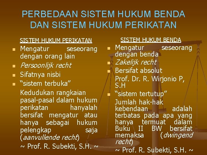 PERBEDAAN SISTEM HUKUM BENDA DAN SISTEM HUKUM PERIKATAN SISTEM HUKUM BENDA SISTEM HUKUM PERIKATAN