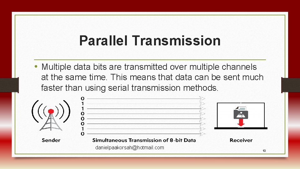 Parallel Transmission • Multiple data bits are transmitted over multiple channels at the same
