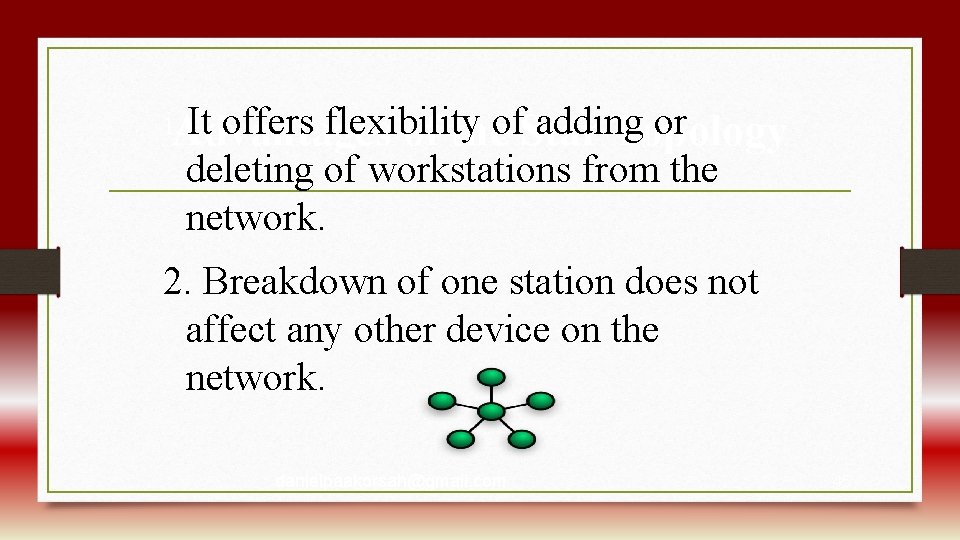 It offers flexibility adding or Advantages of theof. Star Topology 1. deleting of workstations