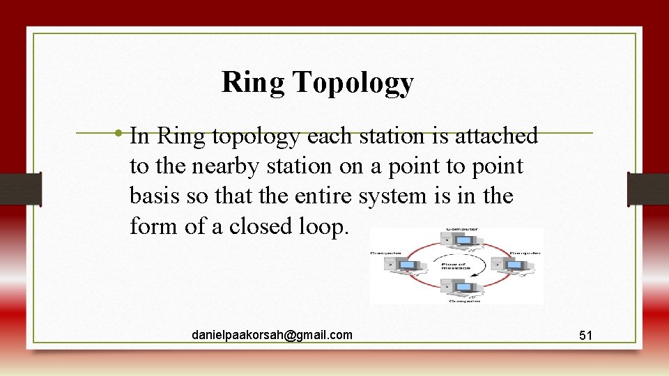 Ring Topology • In Ring topology each station is attached to the nearby station