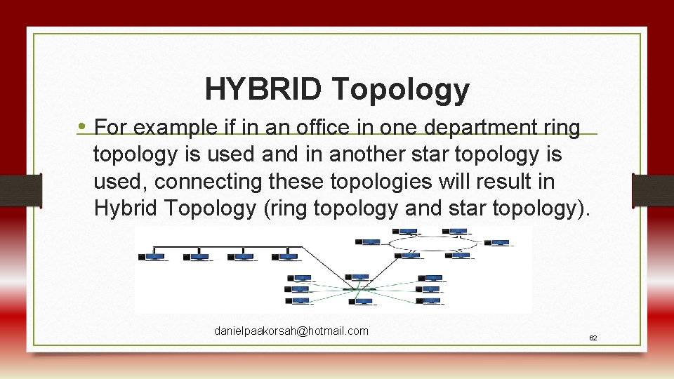 HYBRID Topology • For example if in an office in one department ring topology