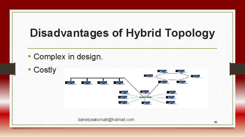 Disadvantages of Hybrid Topology • Complex in design. • Costly danielpaakorsah@hotmail. com 65 