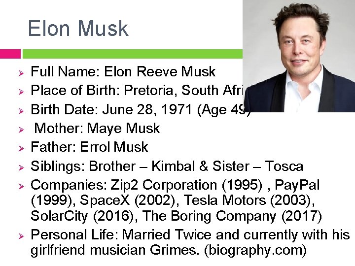 Elon Musk Ø Ø Ø Ø Full Name: Elon Reeve Musk Place of Birth: