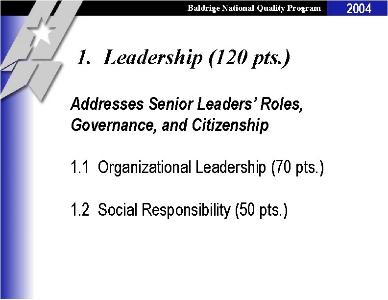 Baldrige National Quality Program 1. Leadership (120 pts. ) Addresses Senior Leaders’ Roles, Governance,