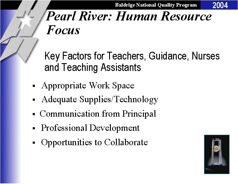 Baldrige National Quality Program Pearl River: Human Resource Focus 2004 Key Factors for Teachers,