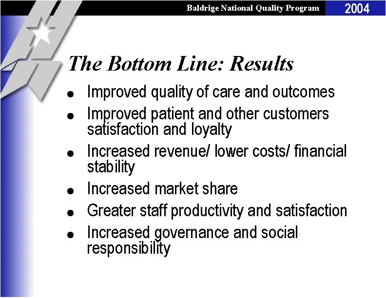 Baldrige National Quality Program 2004 The Bottom Line: Results l l l Improved quality