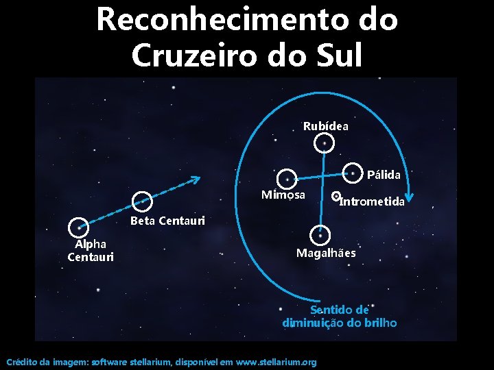 Reconhecimento do Cruzeiro do Sul Rubídea Pálida Mimosa Intrometida Beta Centauri Alpha Centauri Magalhães