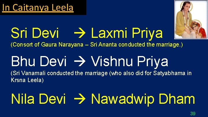 In Caitanya Leela Sri Devi Laxmi Priya (Consort of Gaura Narayana – Sri Ananta