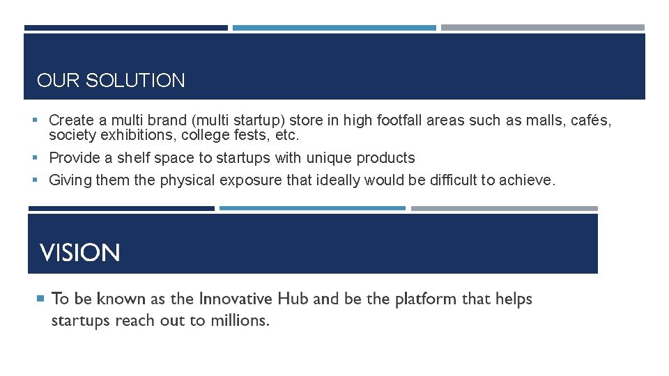 OUR SOLUTION § Create a multi brand (multi startup) store in high footfall areas