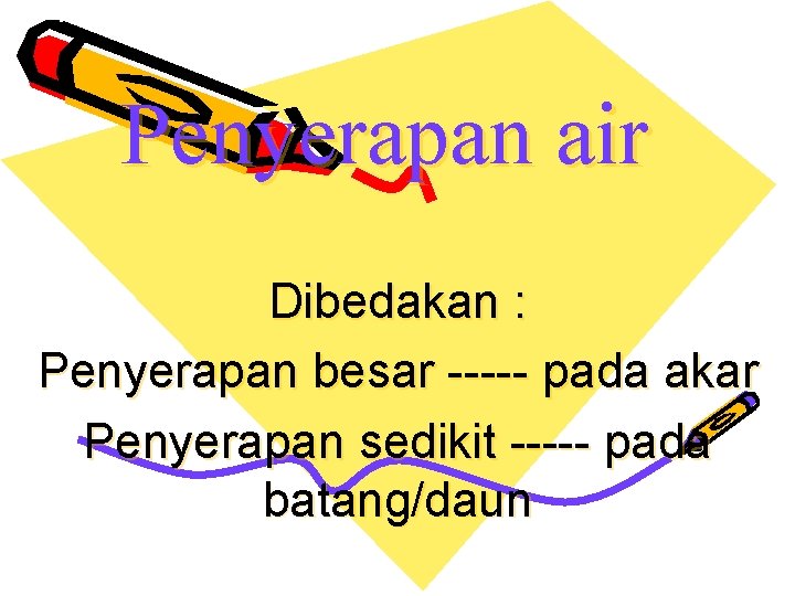 Penyerapan air Dibedakan : Penyerapan besar ----- pada akar Penyerapan sedikit ----- pada batang/daun Penyerapan air Dibedakan : Penyerapan besar ----- pada akar Penyerapan sedikit ----- pada batang/daun