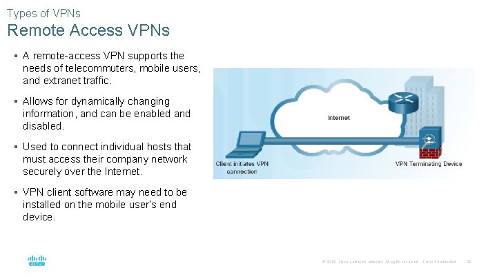 Types of VPNs Remote Access VPNs § A remote-access VPN supports the needs of