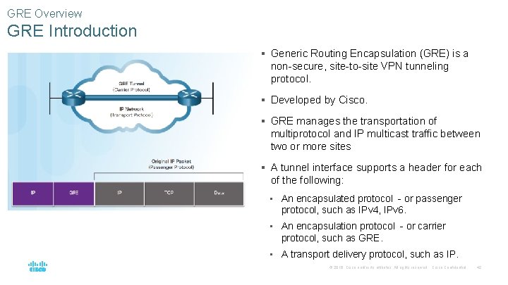 GRE Overview GRE Introduction § Generic Routing Encapsulation (GRE) is a non-secure, site-to-site VPN