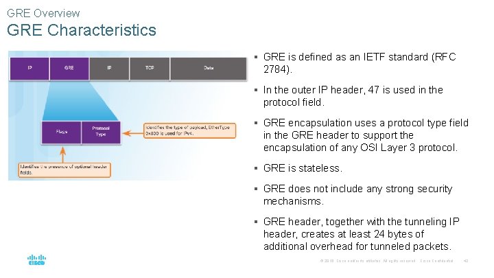 GRE Overview GRE Characteristics § GRE is defined as an IETF standard (RFC 2784).