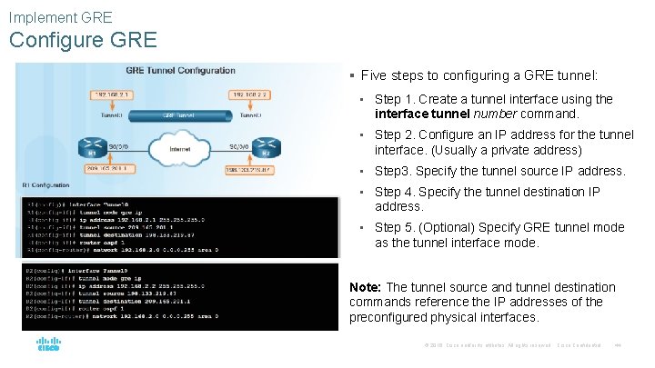 Implement GRE Configure GRE § Five steps to configuring a GRE tunnel: • Step