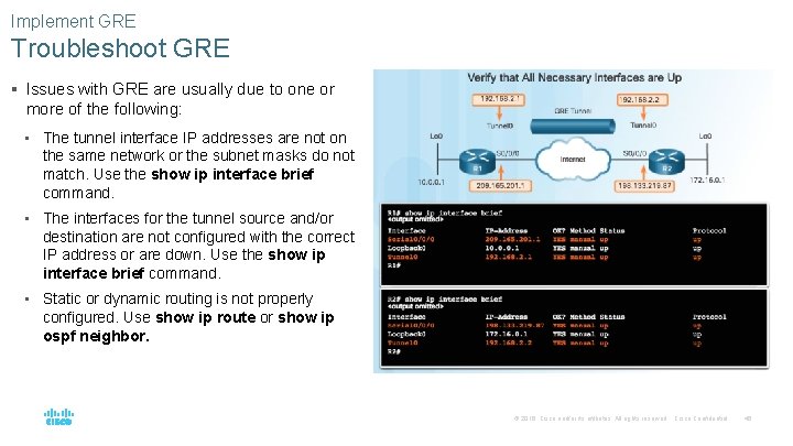 Implement GRE Troubleshoot GRE § Issues with GRE are usually due to one or