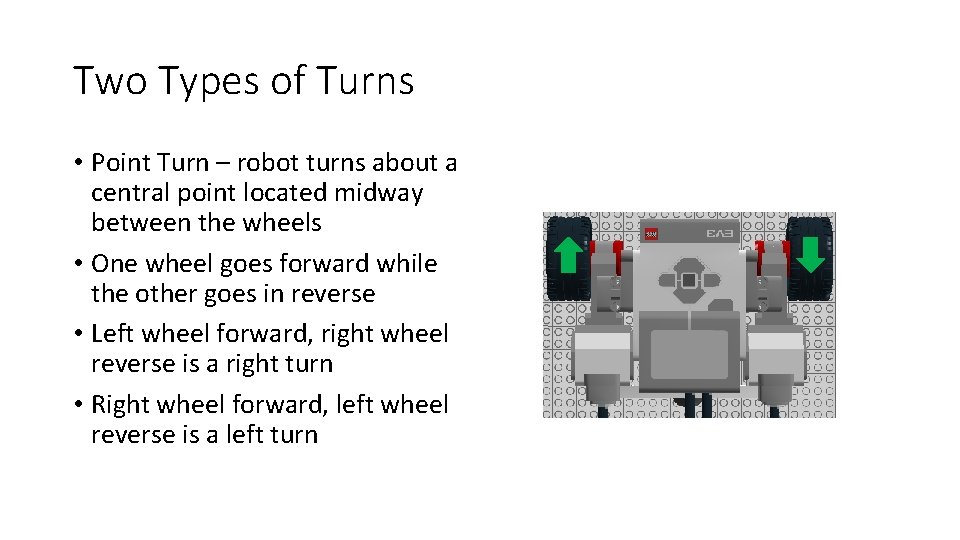 Two Types of Turns • Point Turn – robot turns about a central point