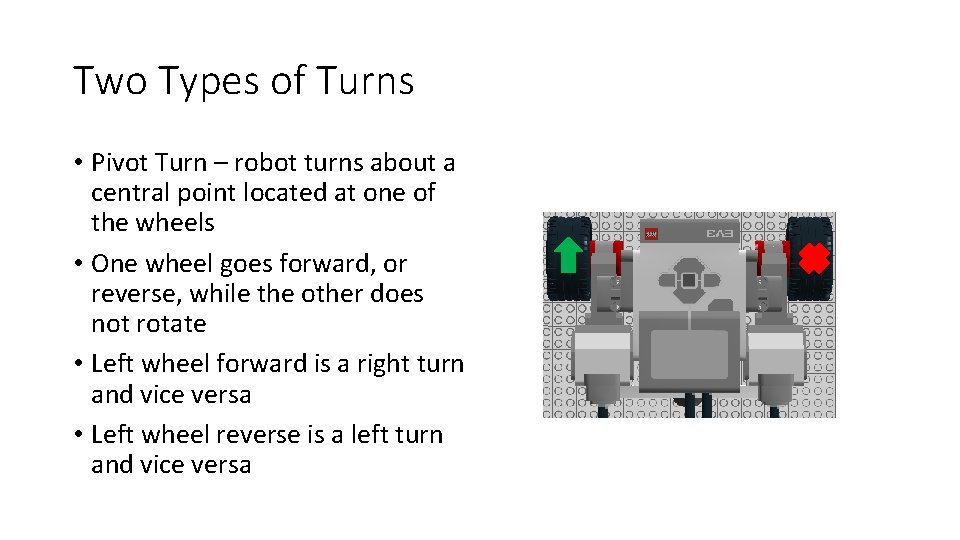 Two Types of Turns • Pivot Turn – robot turns about a central point